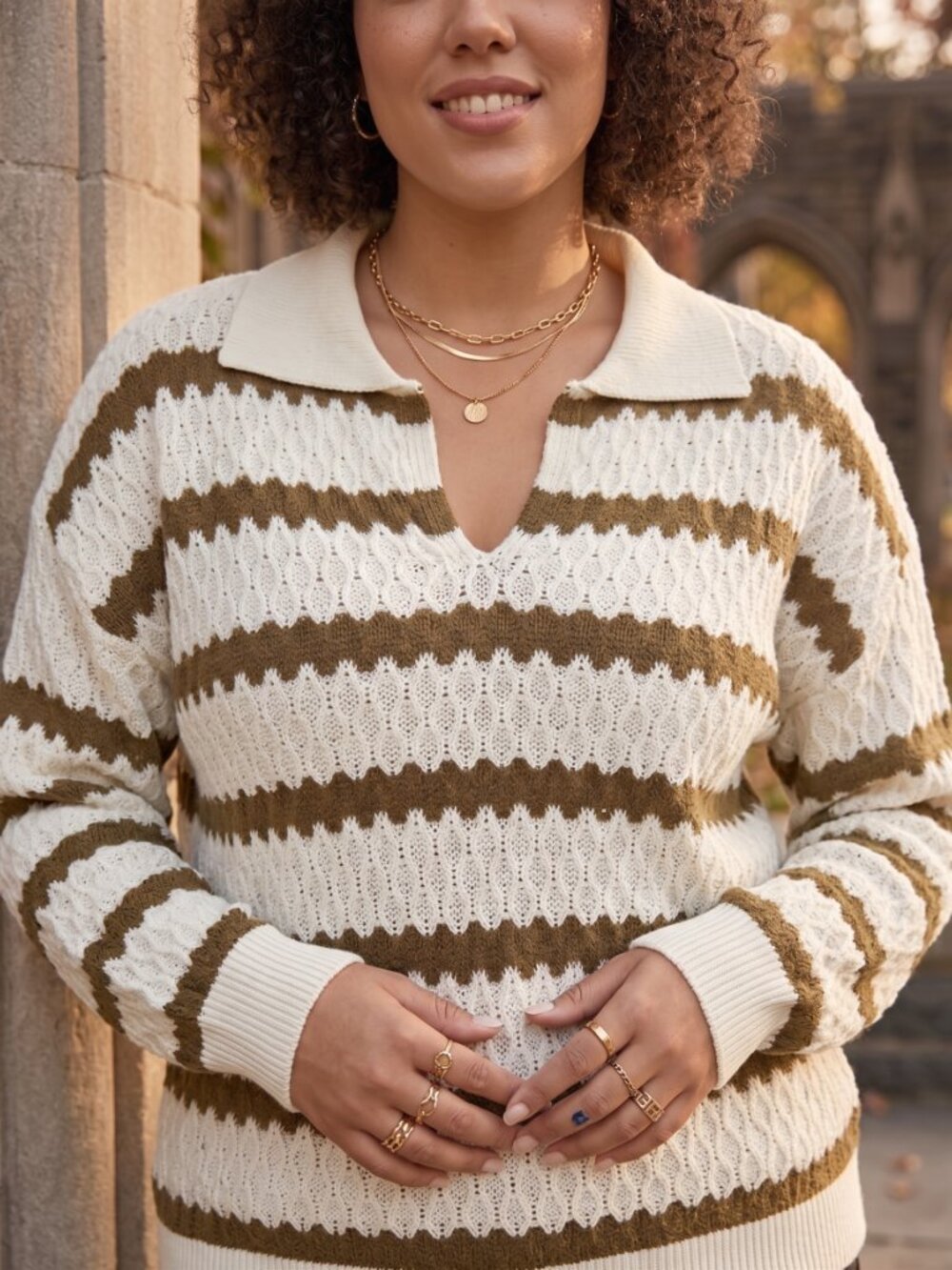 Cream Brown Striped Knit Polo Collar Sweater 2X Plus Preppy Light Academia